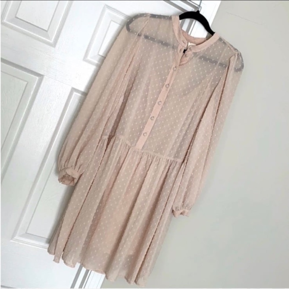 H&M Sheer Blush Pink Swiss Dot Long Balloon Sleeve Flowy Lined Summer Dress M